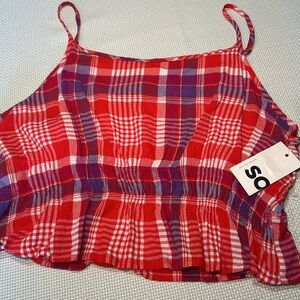 NWT - SO Cropped Crunch Waist Tank in Red/Blue Plaid - XL